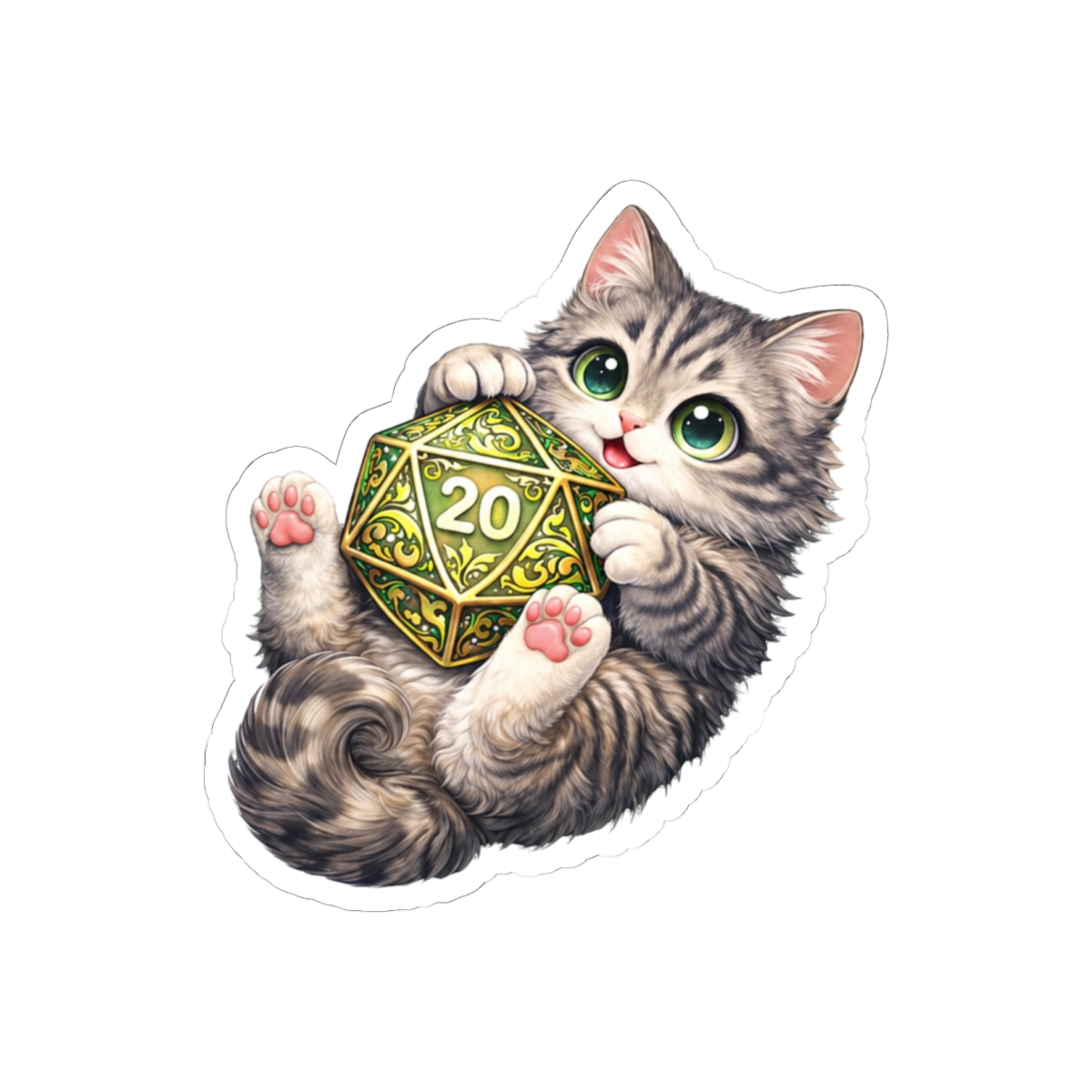 DnD Silver Tabby Cat D20 Dice Sticker | Cute Gamer Vinyl Decal