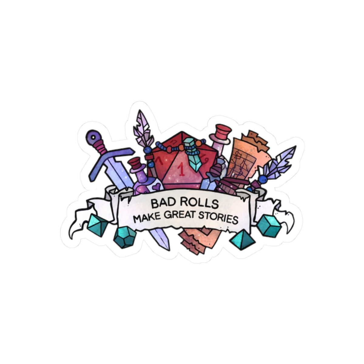 Bad Rolls Make Great Stories Funny Gaming Sticker | Tabletop RPG Vinyl Decal - alternate angle 3, merchandise