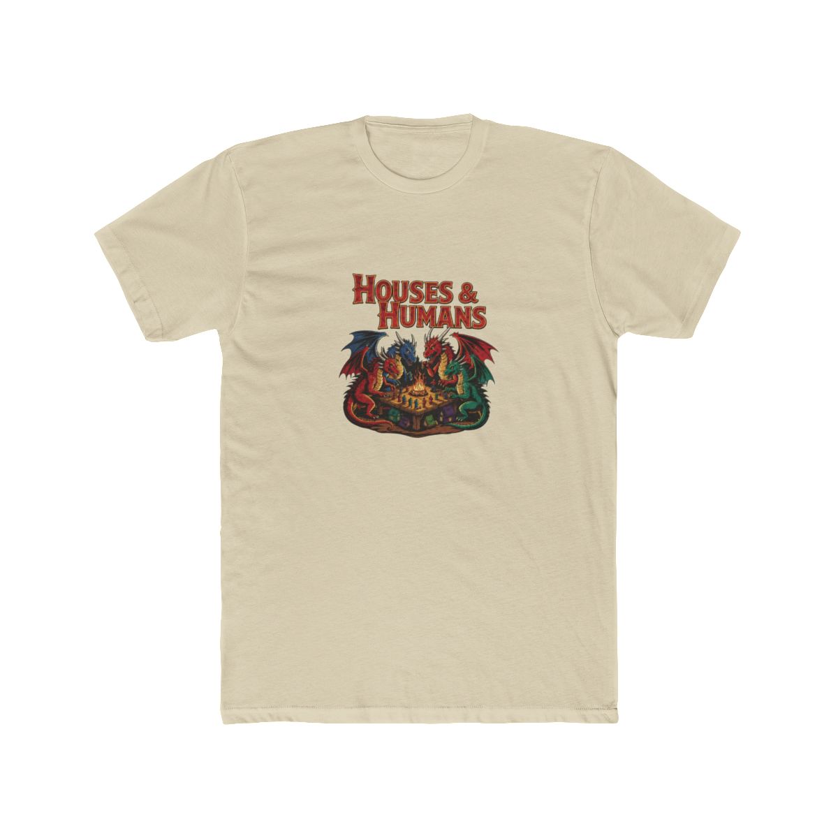 Black T Shirt with the text "HOUSES & HUMANS" and a fantasy illustration. The graphic shows four dragons, red, blue, and green, gathered around a table with a game board. The dragons have detailed... — official Dungeons & Dragons T-Shirts