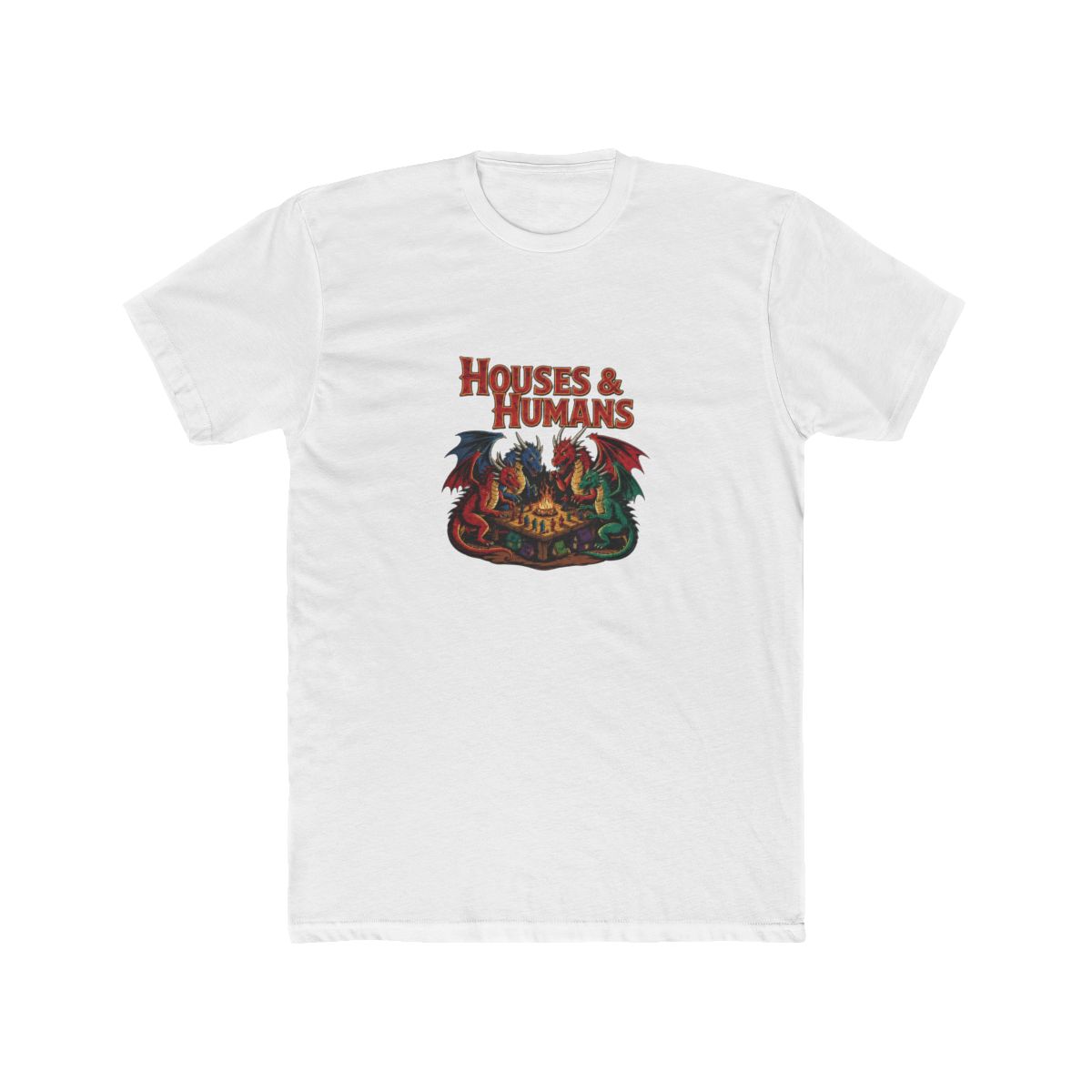 Black T Shirt with the text "HOUSES & HUMANS" and a fantasy illustration. The graphic shows four dragons, red, blue, and green, gathered around a table with a game board. The dragons have detailed... - alternate angle 4, merchandise